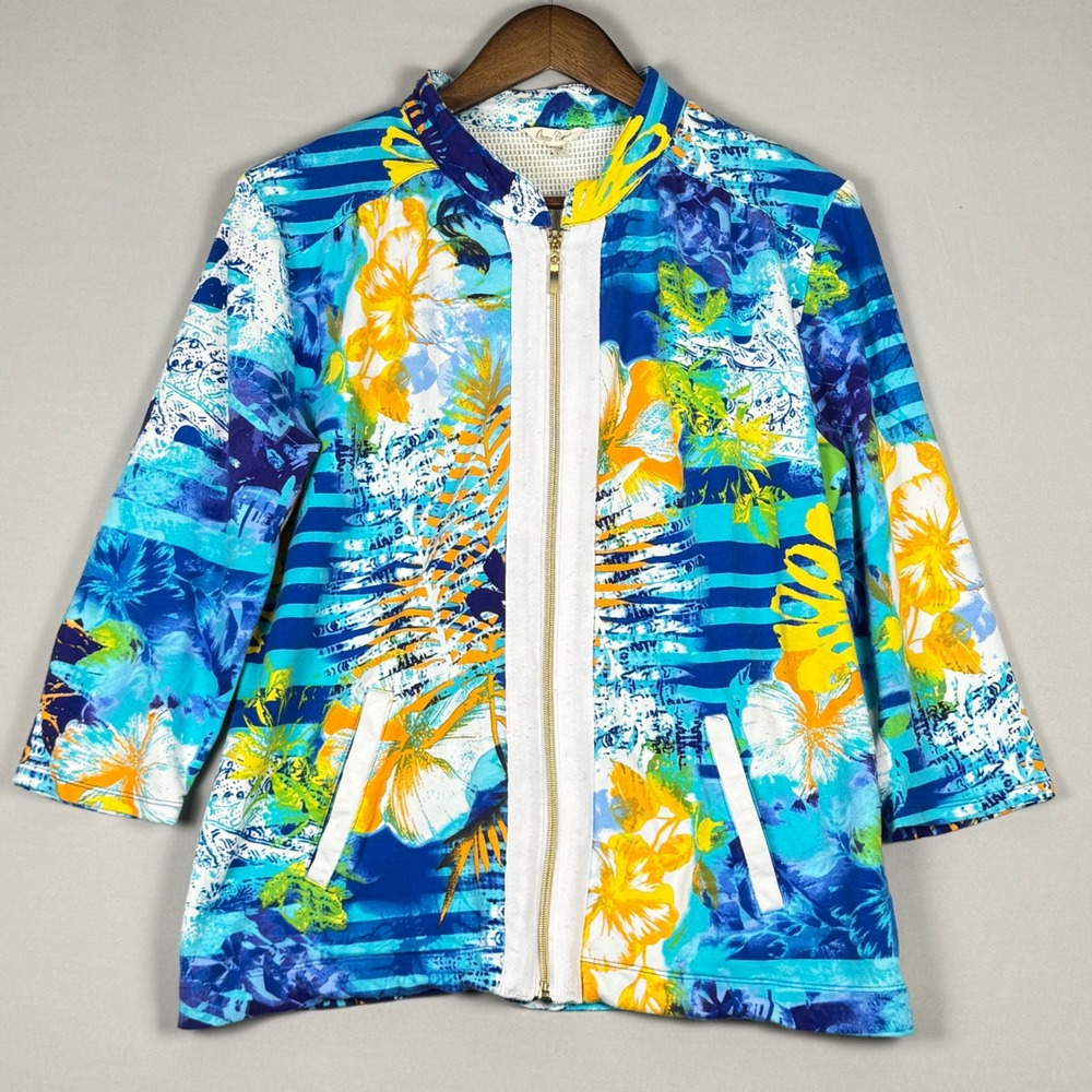 Onque Casuals Jacket Women Large Blue Yellow Floral Y2K Zip Up Excellent
